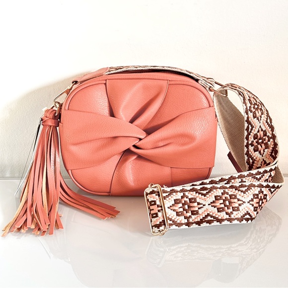 Coral Crossbody Tassel Twist Bag w Aztec Guitar Strap Vegan Faux Leather - Picture 4 of 9
